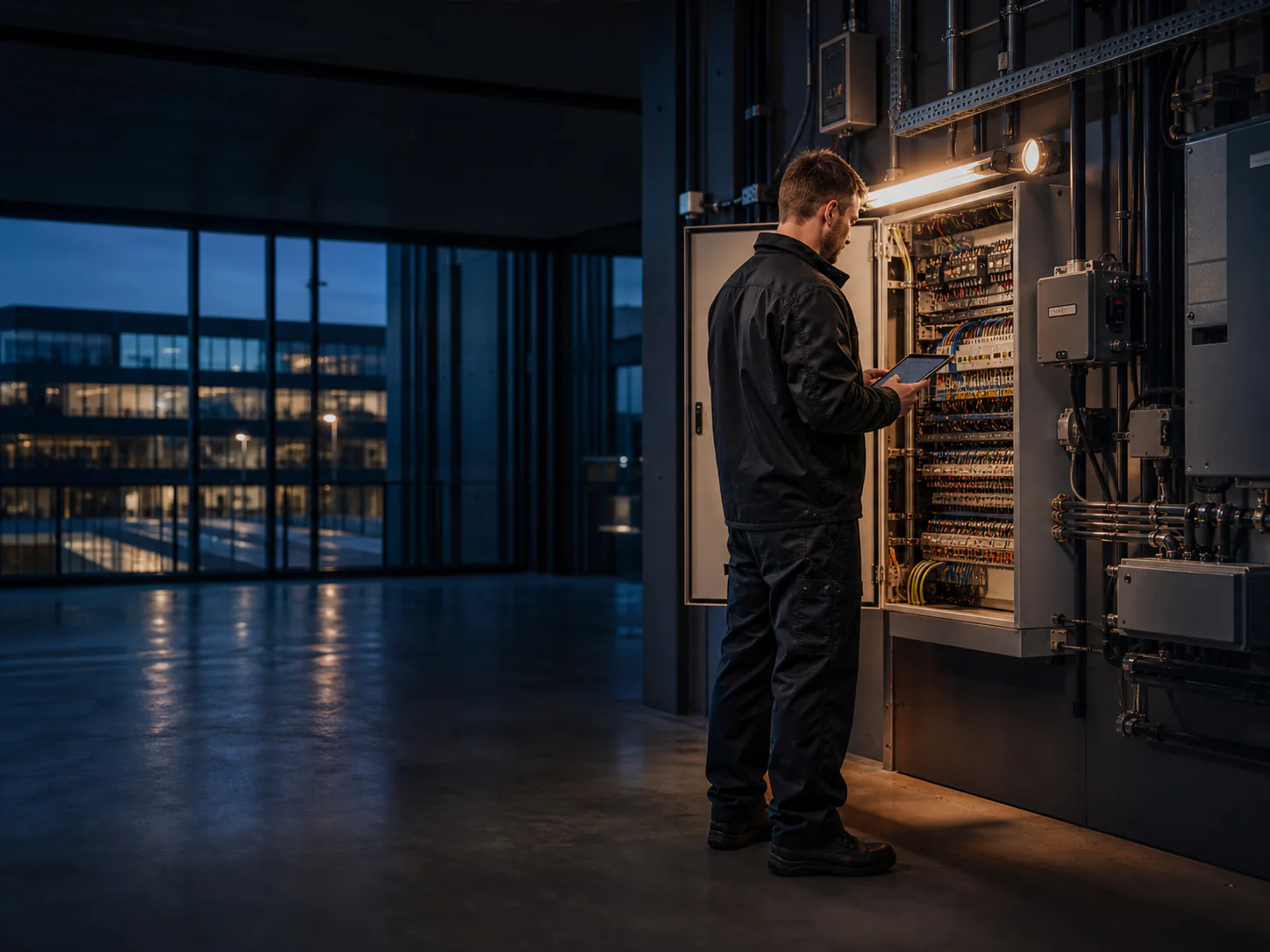 Servicetechniker prüft Elektro- und Gebäudetechnik in einem modernen Gewerbeobjekt