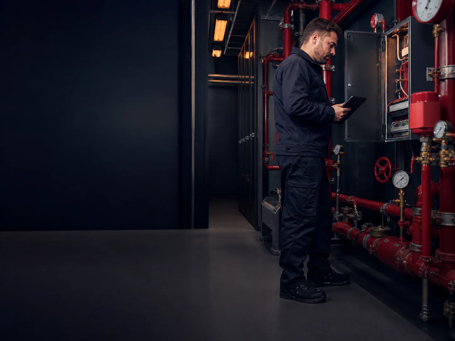 Servicetechniker dokumentiert die Wartung einer Brandschutzanlage im Gewerbeobjekt