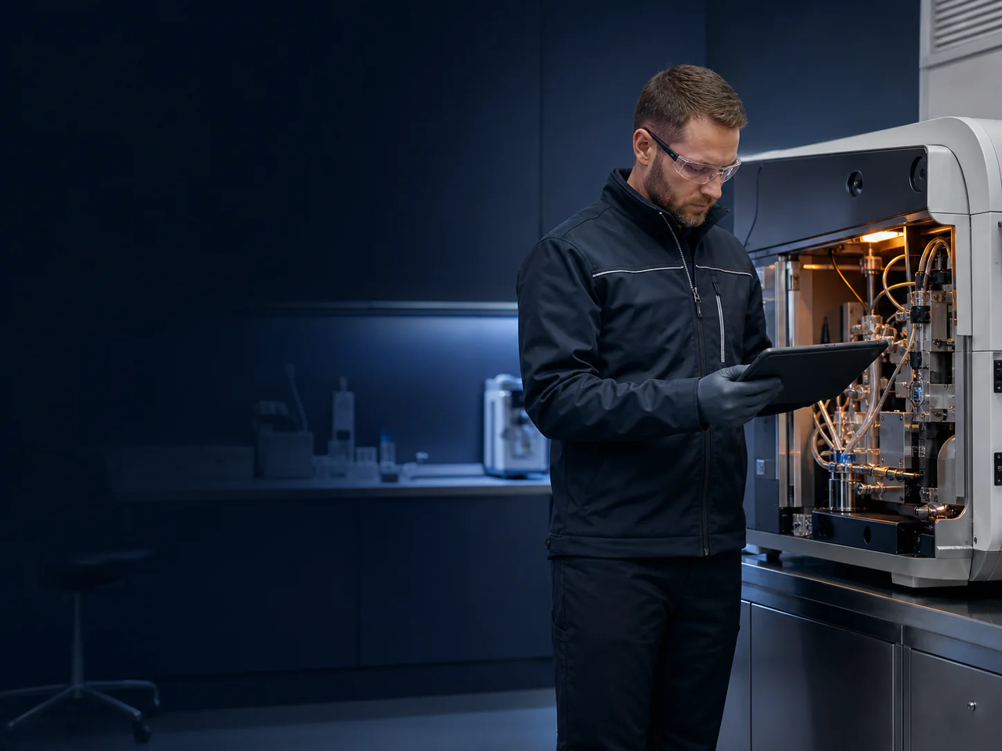 Servicetechnikerin prüft ein Laborgerät mit Tablet in einer modernen Laborumgebung