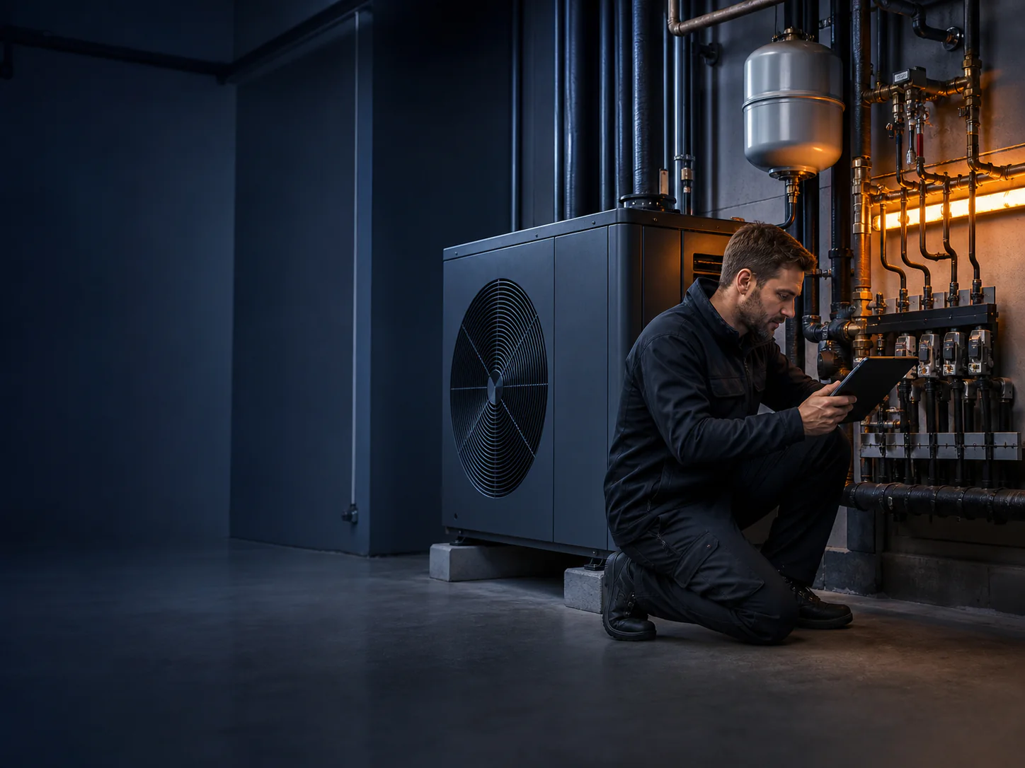 Servicetechniker prüft eine moderne Wärmepumpenanlage mit Tablet