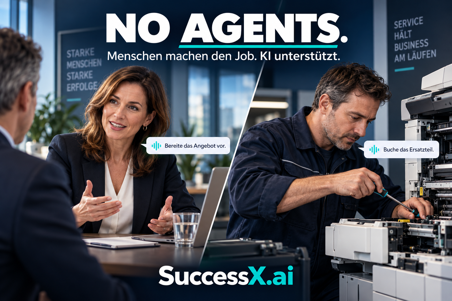 Kampagnenmotiv „No Agents“: Eine Verkäuferin und ein Techniker nutzen natürliche Sprache, die KI unterstützt ihre Arbeit.