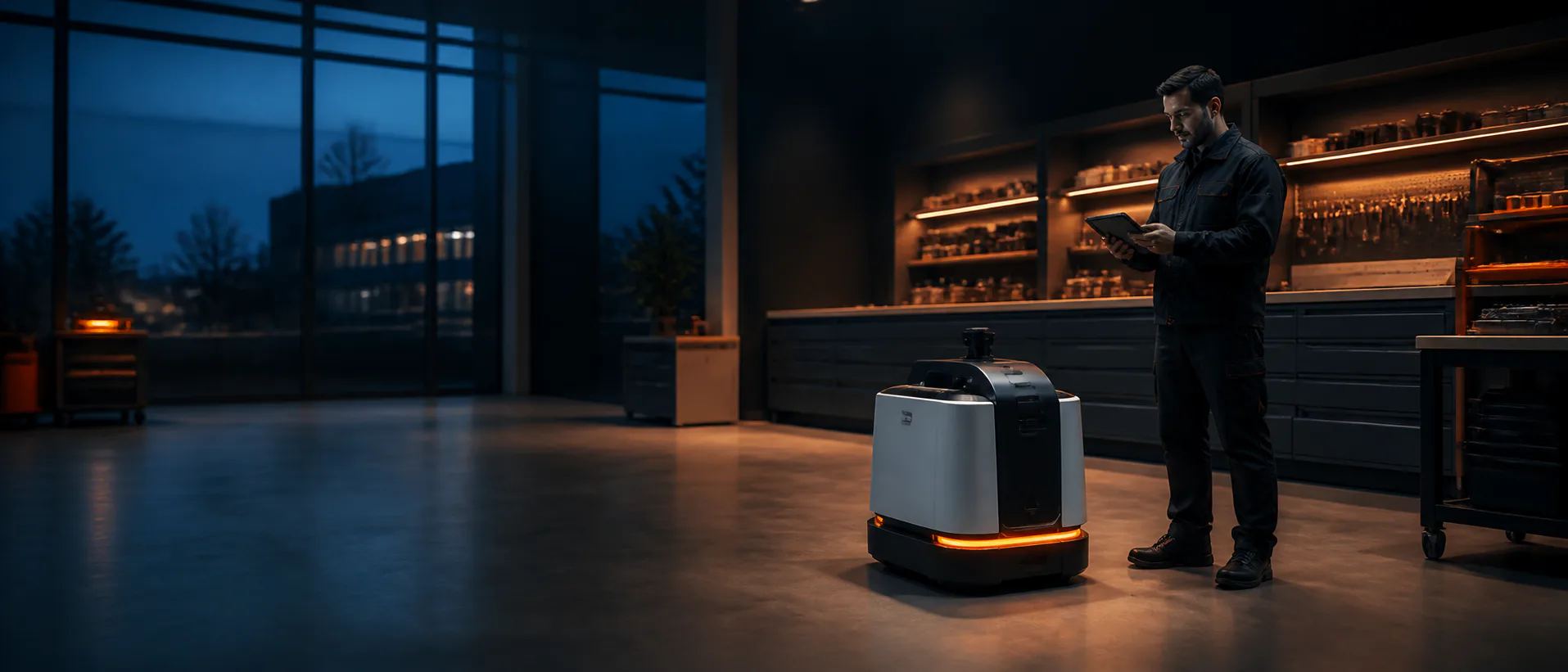 Servicetechniker steuert einen autonomen Service-Roboter per Tablet in einer modernen Werkstatt
