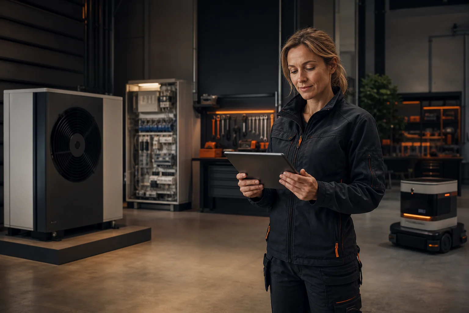 Technische Serviceleiterin prüft mit einem Tablet eine Wärmepumpe, Elektrotechnik und einen Service-Roboter in einer modernen Werkstatt